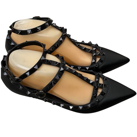 Kaitlyn Pan Black Leather Rock Studded Pointy Flats Size 8.5 - Picture 1 of 13